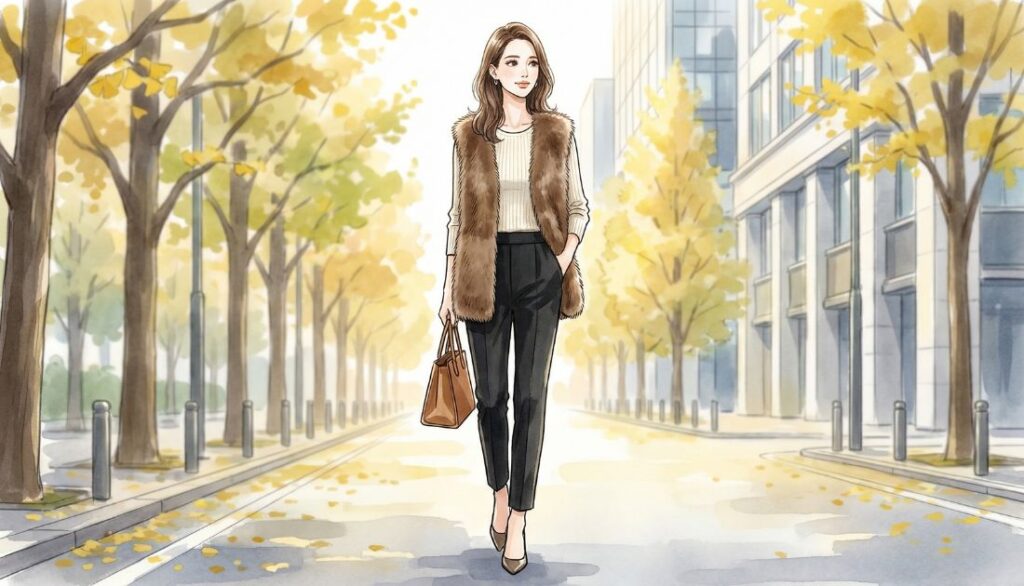 ファーベストとパンツスタイルの通勤コーデ