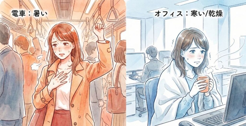 オフィスの寒暖差に悩む女性のイメージ