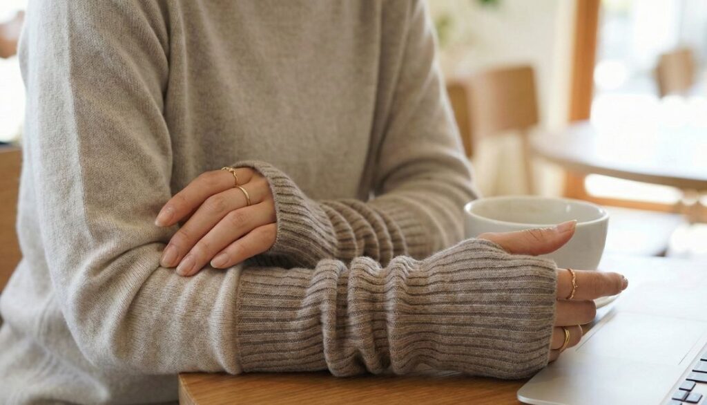 ニットにアームウォーマーを合わせた手元のアップ