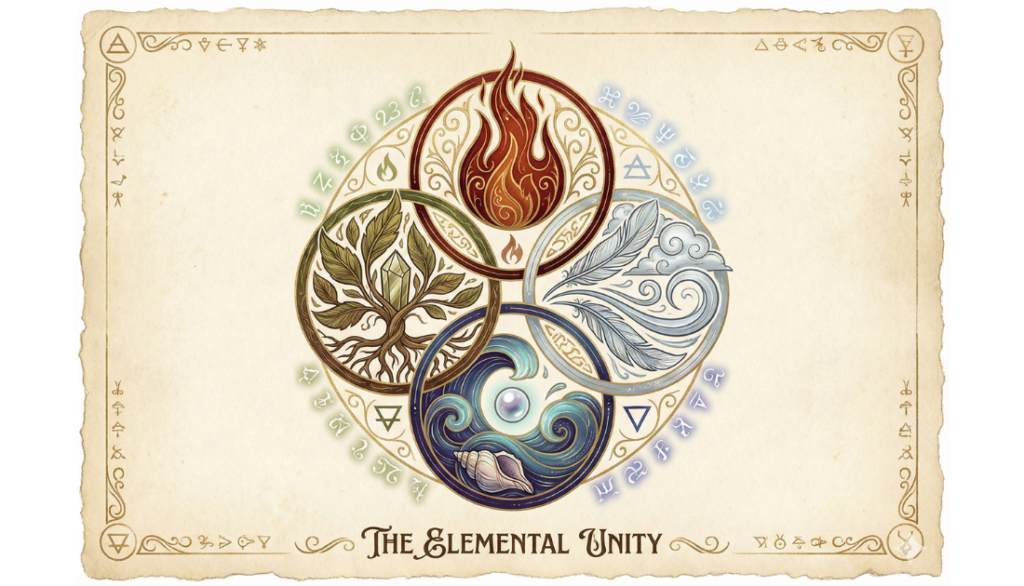 占星術における火・地・風・水の4つのエレメントを描いたタロット風イラスト