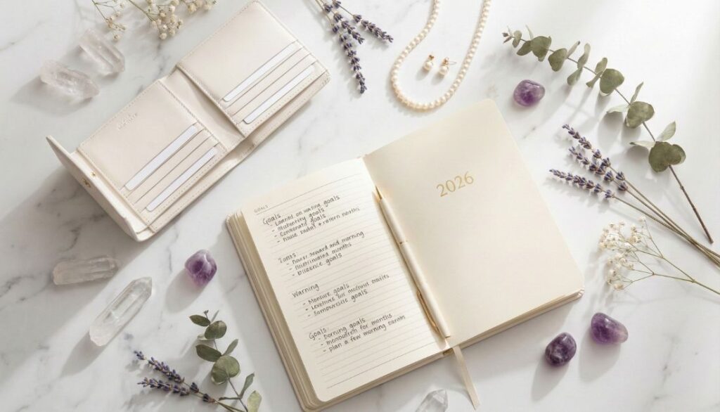 大理石の上に並べられた2026年のラッキーアイテム(白い財布、手帳、パールアクセサリー)