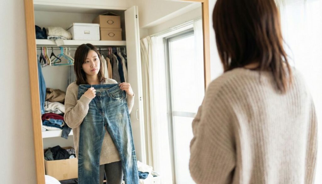 クローゼットの前で、古いデニムやスカートを手に持って「うーん」と悩んでいる20〜30代女性