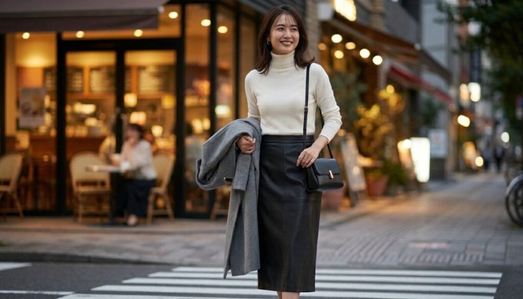 【金曜日】退勤後も楽しむ。「スカート×白ニット」でフェミニンに