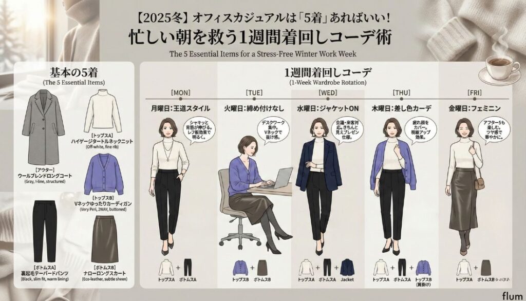 冬のオフィスカジュアルは5着あればいい!忙しい朝を救う1週間着回しコーデ術