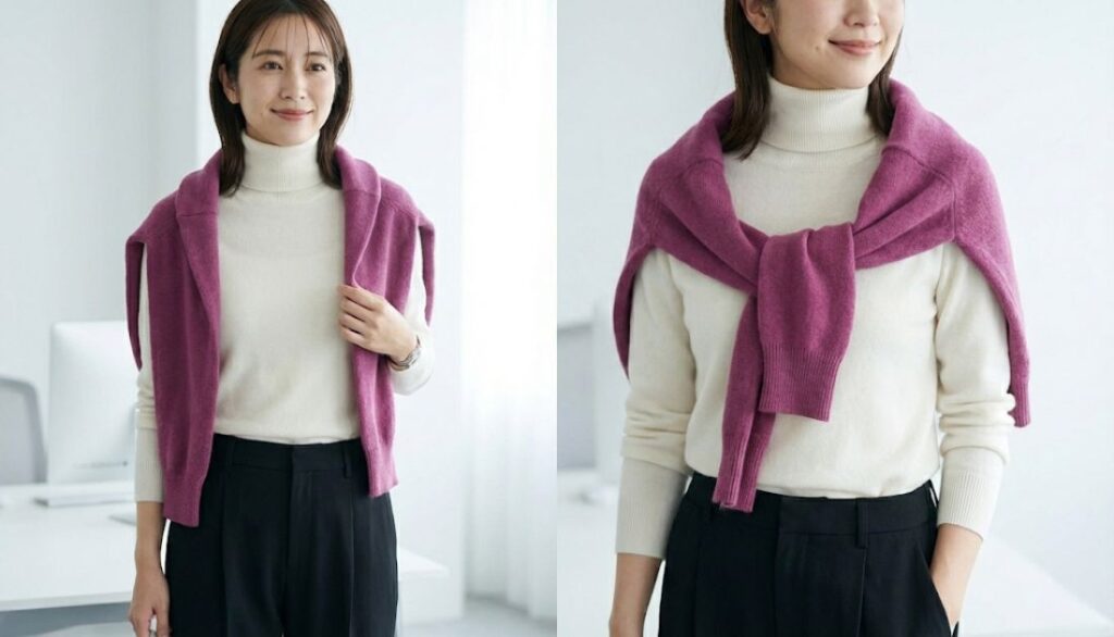 トップスA(白タートル)× トップスB(カラーカーデ) × ボトムスA(黒パンツ)