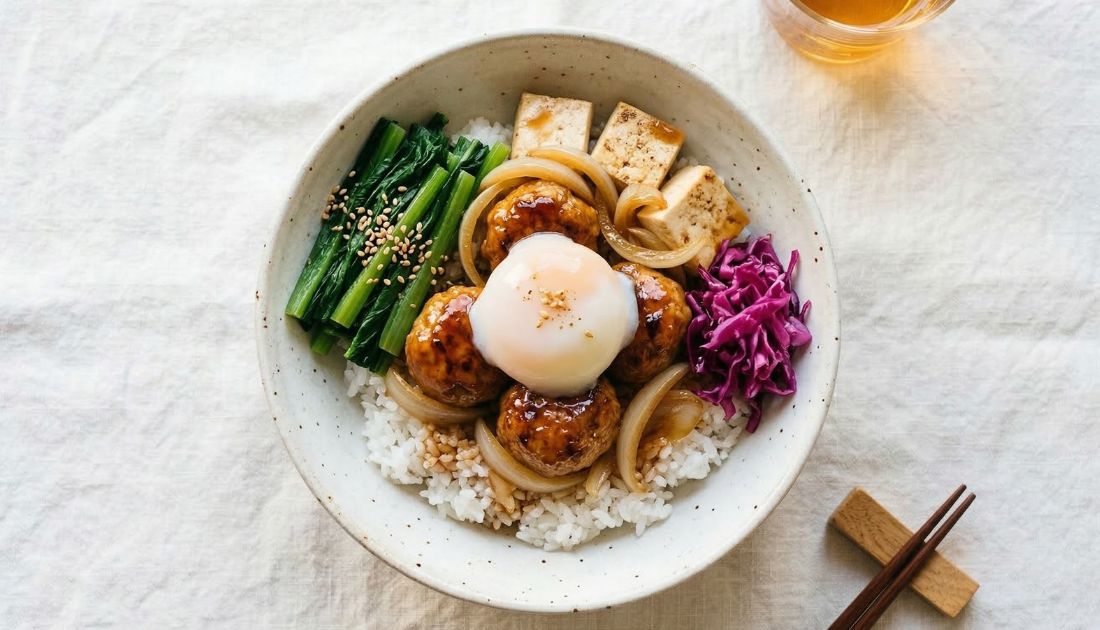 甘辛鶏つくねと半熟卵の和風すき焼き風ボウル