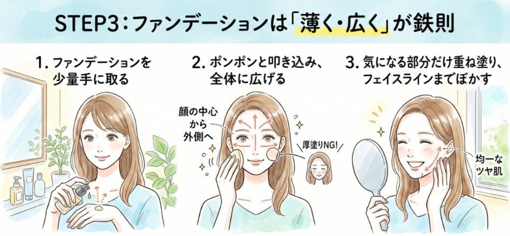 ファンデーションは「薄く・広く」が鉄則