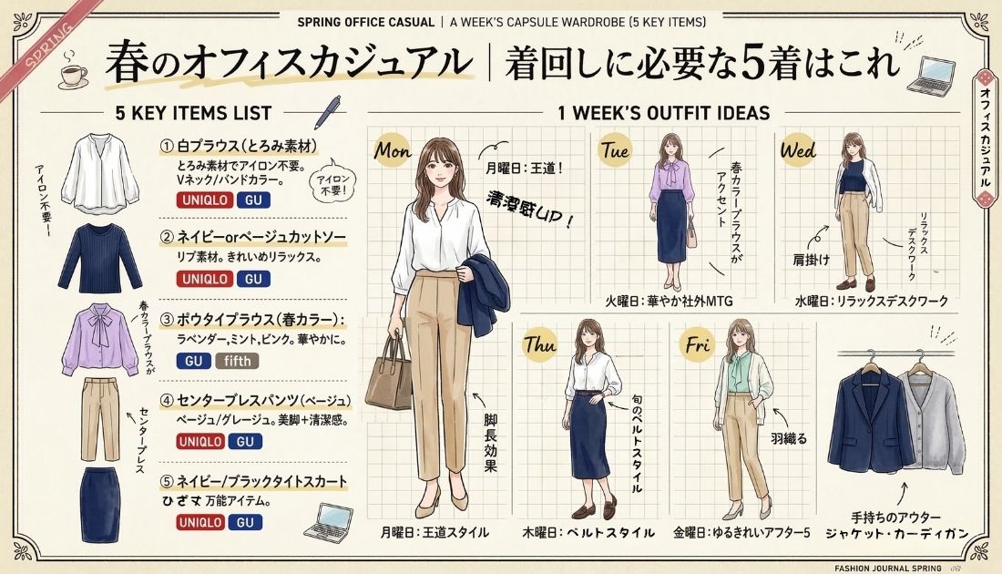 春のオフィスカジュアルは5着でいい！1週間着回しコーデ術