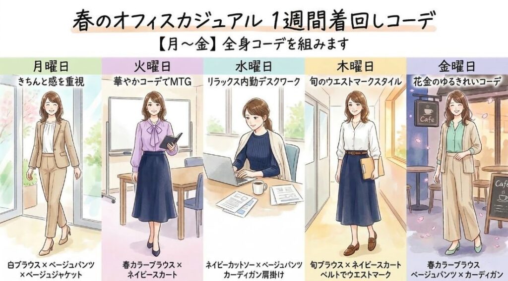 【月〜金】春のオフィスカジュアル 1週間着回しコーデ